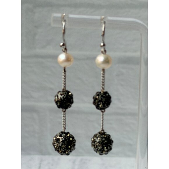 Vtg 1990s Chico’s Pearl Chain Drop Earrings Sparkle Textured Metal Ball Accents - Picture 9 of 10